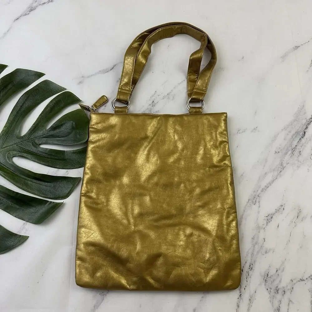 Disney Vintage Y2k Tinkerbell Tote Bag Purse Gold Faux Leather Metallic
